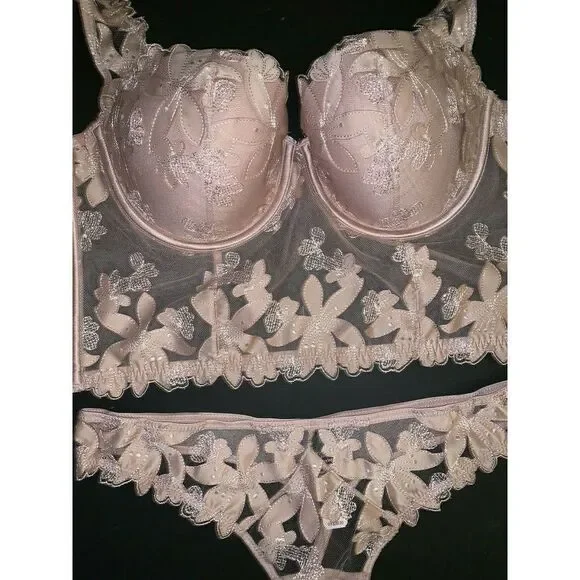 Victoria's Secret longline 36C BRA SET+BRALETTE+ROBE dusty pink taupe APPLIQUE - Picture 9 of 11